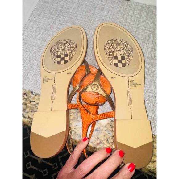 Vince Camuto Orange Snake-Embossed Flat Sandals 9 Gold Leather Flower Accent - Picture 5 of 11